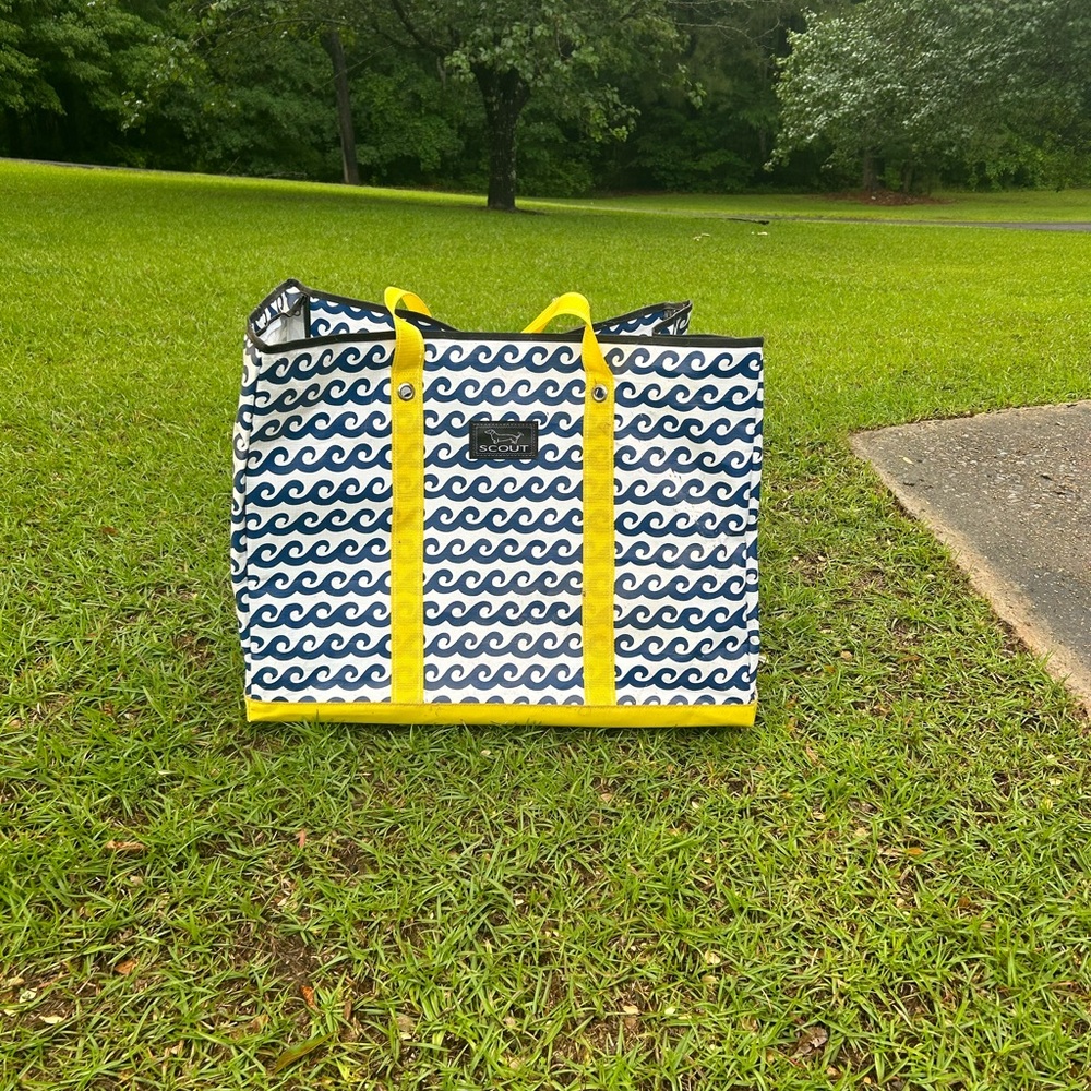 Scout Navy Wave Print Tote with Yellow Trim and Handles